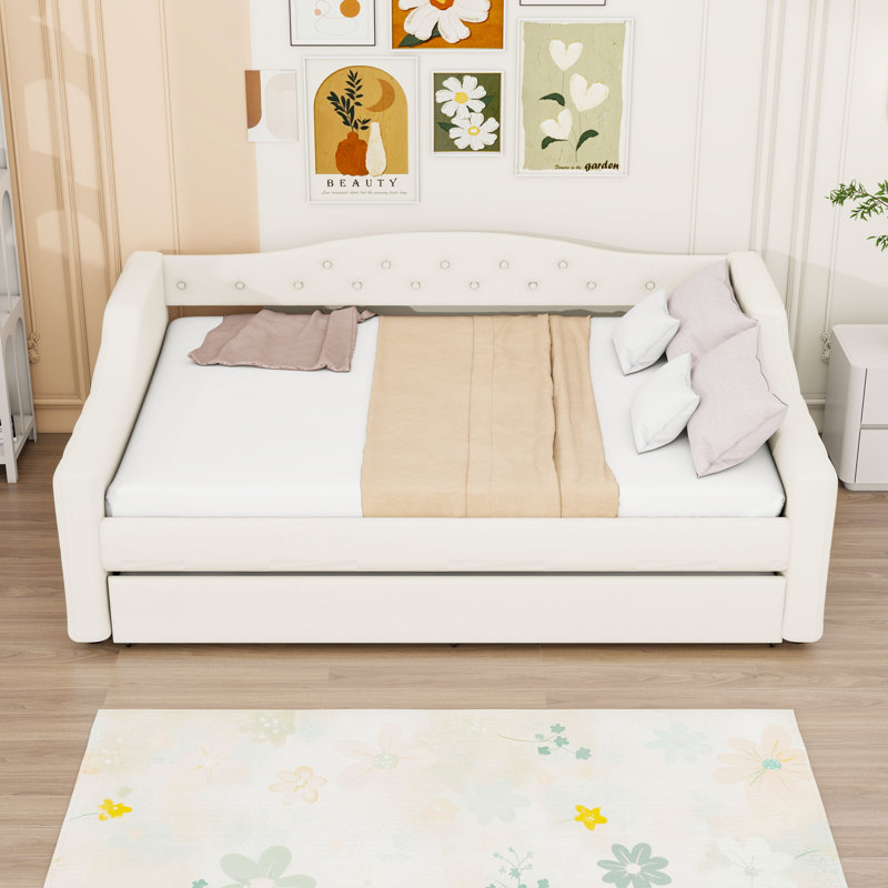 Full XL Wooden Upholstered Daybed with Trundle, LED Lights and Slats, Beige