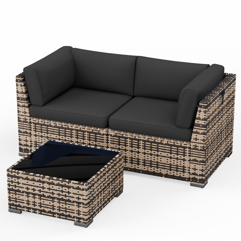 Outdoor Wicker Patio Loveseat Sofa With Cushions, All-Weather PE Rattan Outdoor Couch With Adjustable Feet, Anti-Slip Cushions & Modern Side Table For Porch, Backyard
