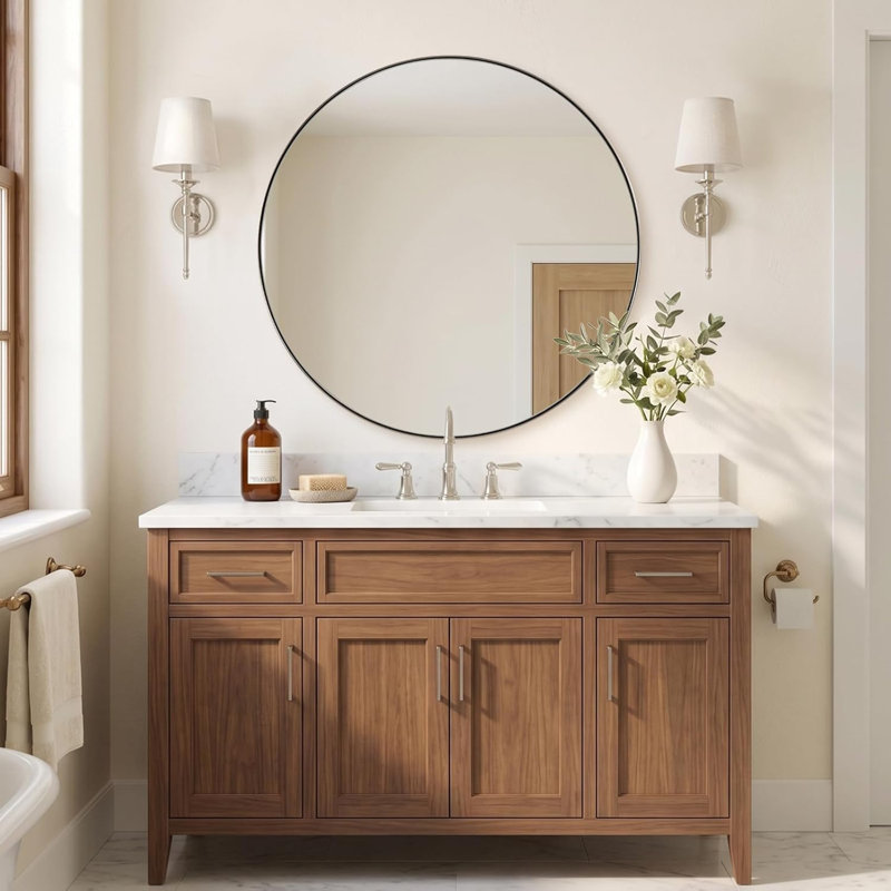 Miroir de salle de bain Kaitlee Cadre en acier inoxydable, Chrome poli, 24 po x 24 po, Round