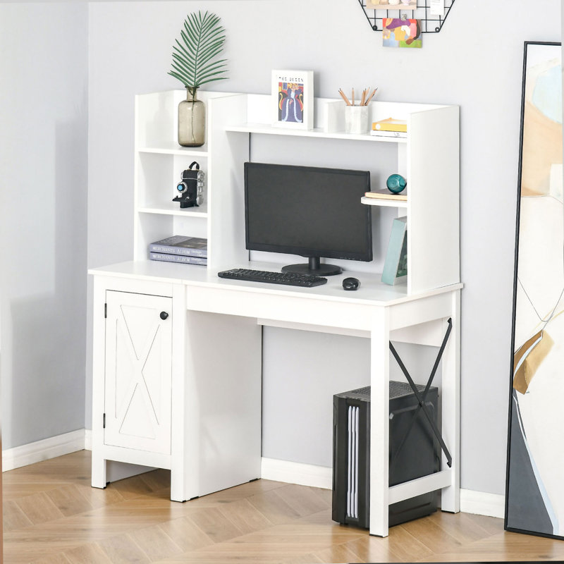 Bureau d'ordinateur avec huche et armoire, bureau à domicile avec rangement, Blanc