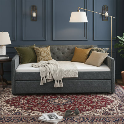 Lit de jour simple L 80,5 po avec couchette, rembourrage gris, accoudoirs ondulés, capitonné