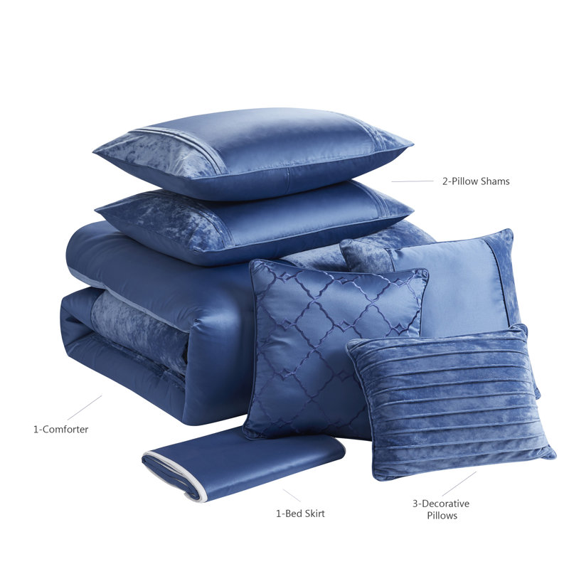 Luna 7 Piece Crushed Velvet Elegant Bedding Set By Sweet Home Collection, Queen Comforter + 6 Additional Pieces, Navy