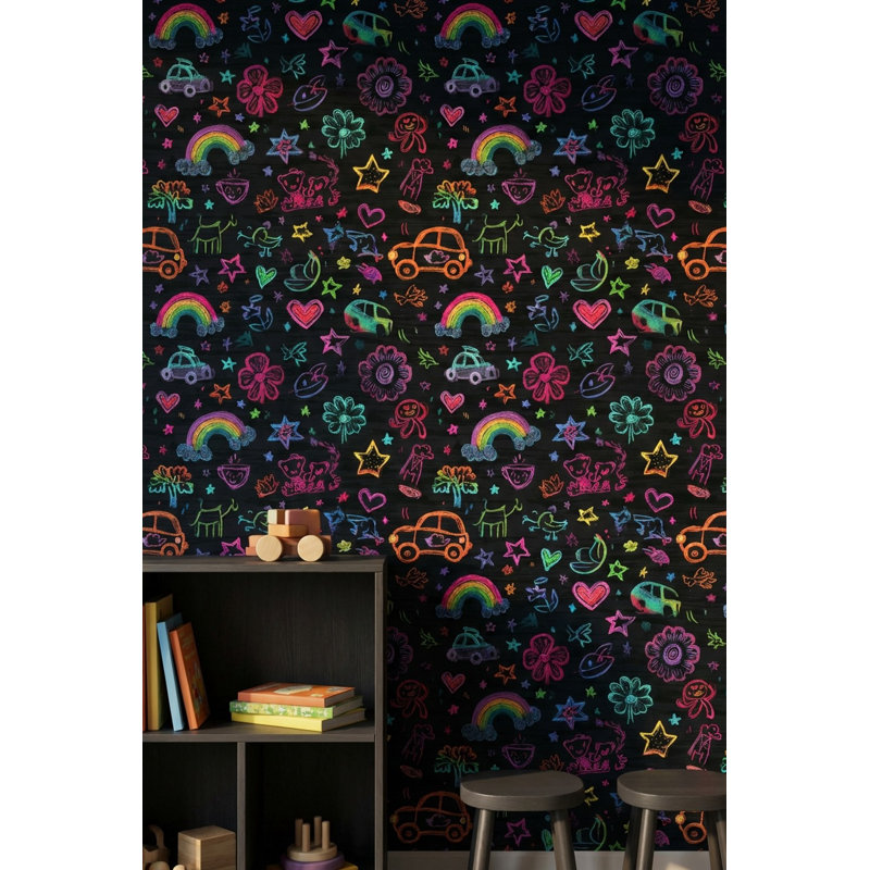 Papier peint tableau noir foncé Neon Doodles, Peler et coller