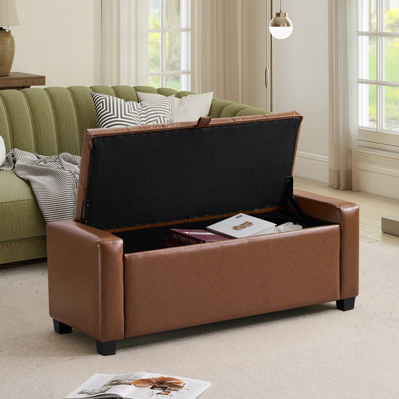 43" Storage Ottoman Bench, Leather Upholstered Tufted Bench For Living Room Bedroom Entryway, Brown