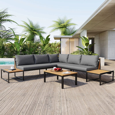 Ensemble de mobilier de patio avec causeuse, ensemble de canapé d'extérieur 4 pièces avec coussins imperméables, mobilier de patio avec conception durable en fer et en bois pour le jardin, la cour arrière, la piscine