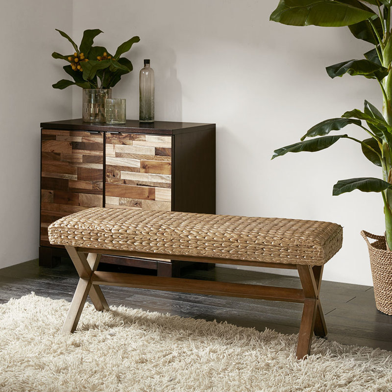 Banc tissé en jacinthe d'eau avec structure en bois de châtaignier, capacité de poids de 400 lb, encre de chambre à coucher ou de salle à manger + porte-bébé Ivy - base en châtaignier, siège, maximum