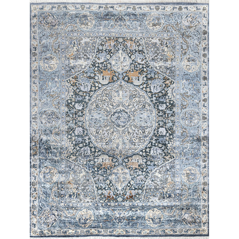 Hand Knotted Oriental Area Rug in Black/Gray/Ivory/Gold, Rectangle 8' x 10'