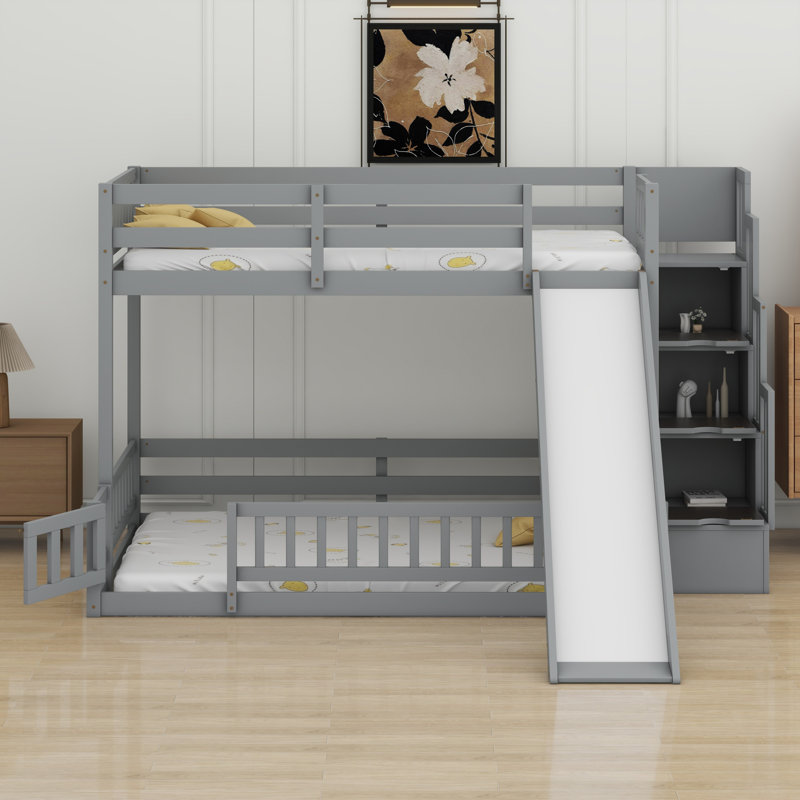 Lit superposé en bois avec glissade, escalier de rangement, barrières de sécurité, Gris