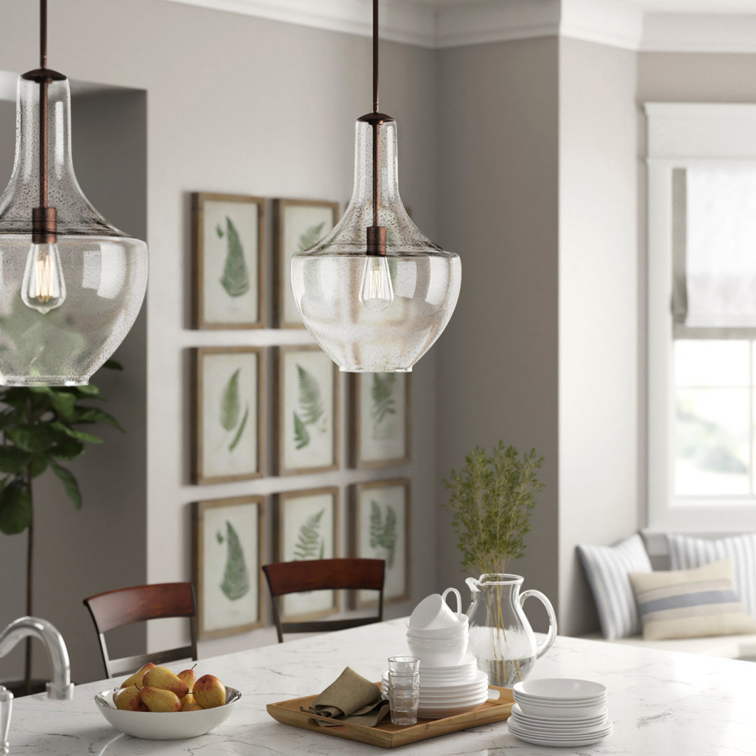 Moten 1 - Light Single Pendant Laurel Foundry Modern Farmhouse® Shade Color: Seeded Glass Size: 20" H x 13.75" W x 13.75" D Finish: Old Bronze
