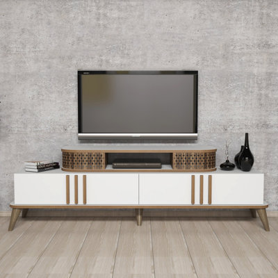 Meuble télé moderne blanc de 66,1 po x 15,9 po x 15,0 po | 100% panneau de particules enduit de mélamine, épaisseur: 0,7 pouce | Design scandinave au style géométrique, parfait pour le salon et les espaces de divertissement