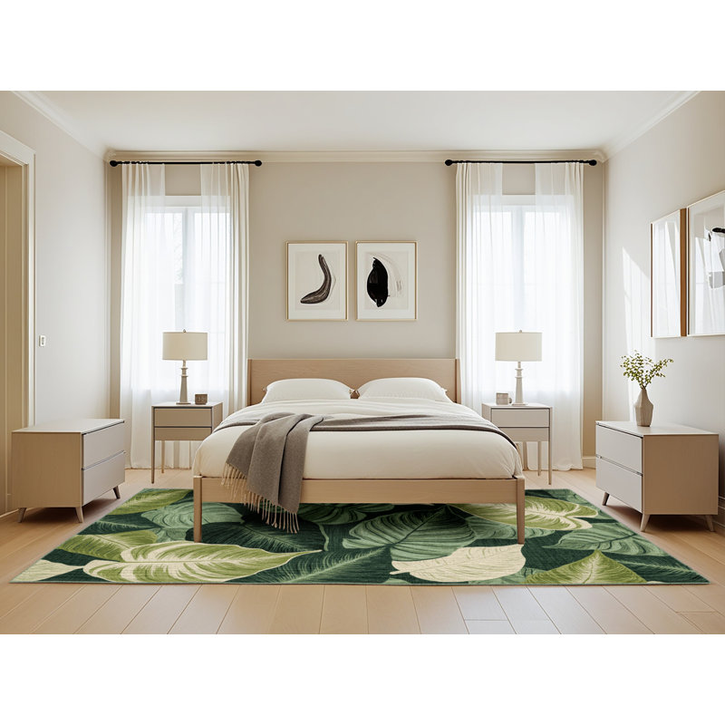 Machine Washable Botanical Green Area Rug, Rectangle 5' x 8'