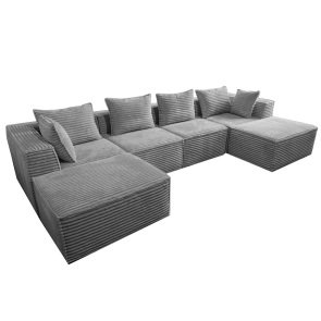 Grand canapé d'angle en velours côtelé en forme de U, 4 places et 2 poufs, mobilier de salon surdimensionné pour les réunions de famille et les réceptions.
