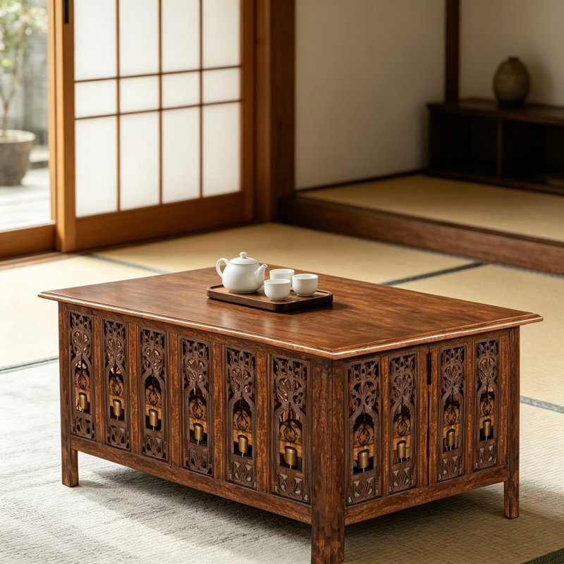 Table basse sculptée à la main en bois de manguier massif avec pieds pliables et clochettes Ghanti, finition brun antique, table centrale compacte pour petits espaces de salon, assemblage sans outils, 30,5 po x 21,5 po x 18 po