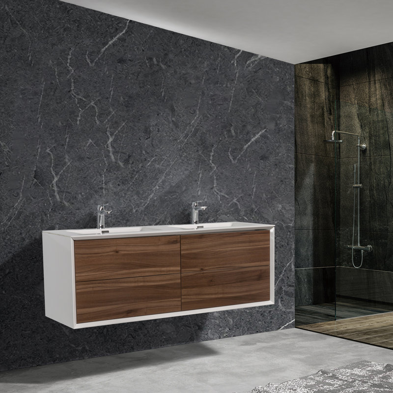 Koziara 60 po L x 21 po P 4 tiroirs Meuble-lavabo avec évier double et Comptoir en Acrylique