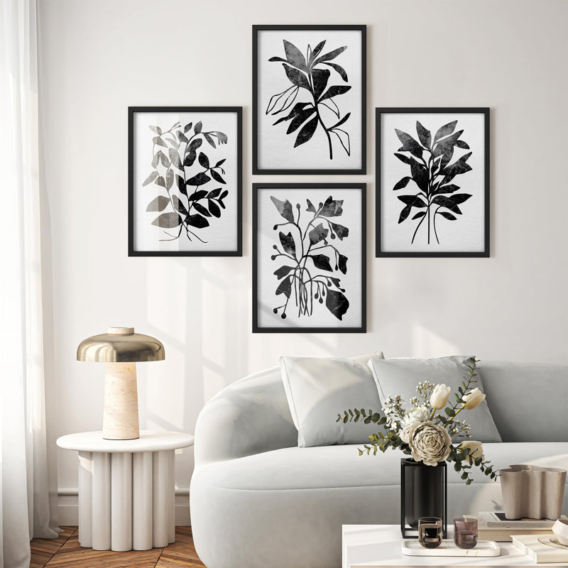 "Décoration murale en noir et blanc à silhouette botanique relaxant", 4 pièces, Noir, H 14 po x l 11 po