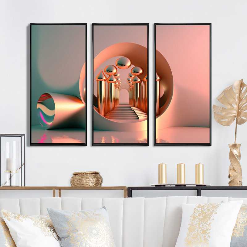 «Futuristic Golden Globe Architecture III», reproduction sur toile 3 pièces, Toile à cadre flottant noir