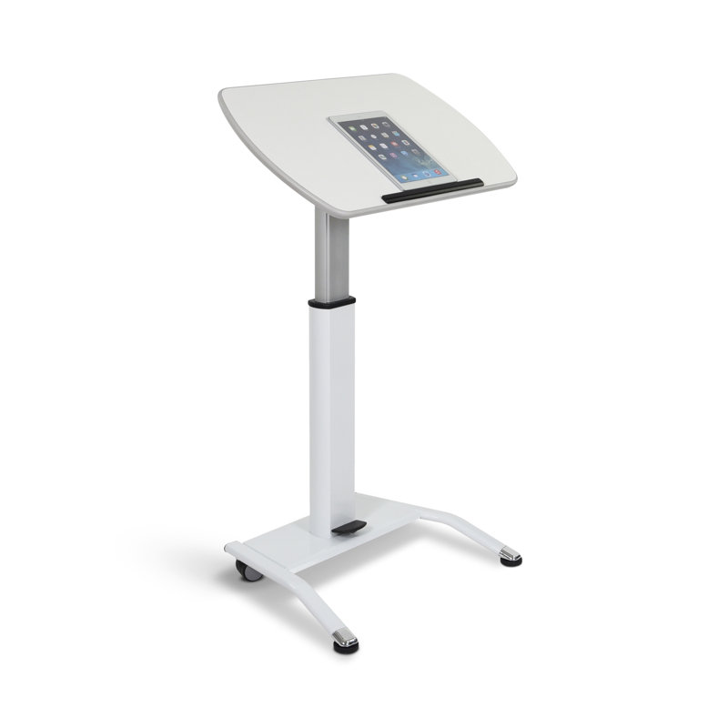 White Adjustable Height Mobile Standing Desk with Pneumatic Foot Pedal