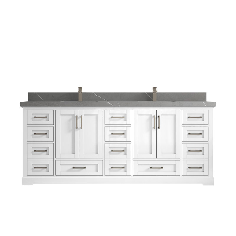 Eser 84'' Double Bathroom Vanity with Top, White, Piatra Gray Quartz