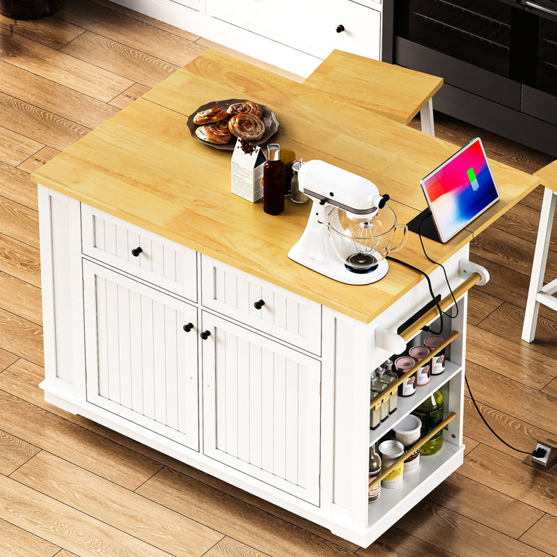 Îlot de cuisine 48 po avec rangement interne, alimentation, 5 roulettes, 2 tiroirs, tablettes réglables, station de charge de couleur blanche, 5 roulettes,