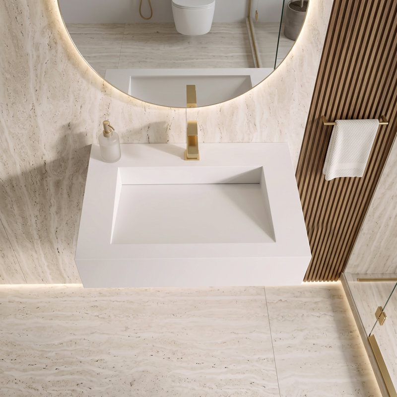 Pyramid 24" Wall-Mounted Modern Bathroom Sink with Ramp Basin - White, With Faucet Hole, White, Single