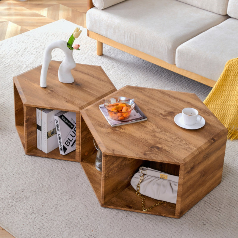 Minimalist patterns hexagonal Coffee Table Set.Hexagonal MDF coffee table, characteristic pattern stickers, multi-hole design to give more storage space.Two coffee tables of different sizes.