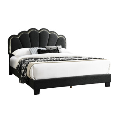 Contemporary Queen Bed With Charcoal Wool And Led Headboard - No Box Spring Needed Size Bedroom Fabric Platform Construction