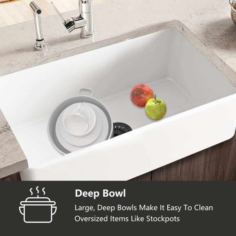 Farmhouse Single Basin Kitchen Sink, 10" H x 30" L x 18", White