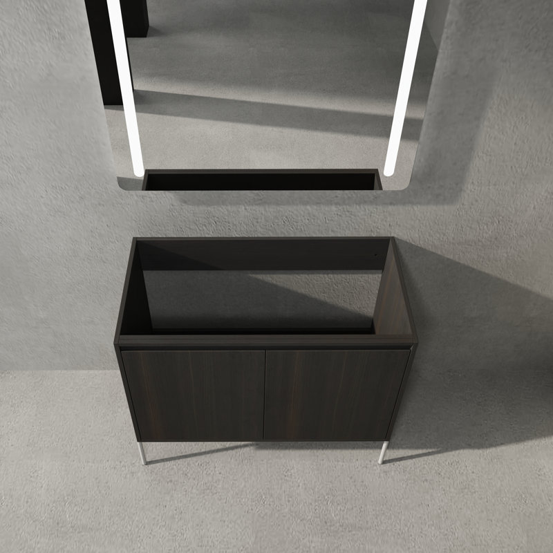 Armoire de salle de bain moderne 35 1/16 po en bois foncé avec pieds en métal et miroir à DEL - Meuble-lavabo à double porte à fermeture douce