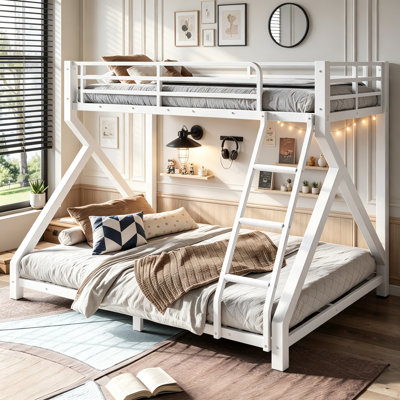 Sturdy Metal Bunk Bed with Full Length Guardrail for Home Apartment, Low Profile Bunk Bed with Side Ladder for Kids Teens Adults, Twin Over Full Size, Antique White