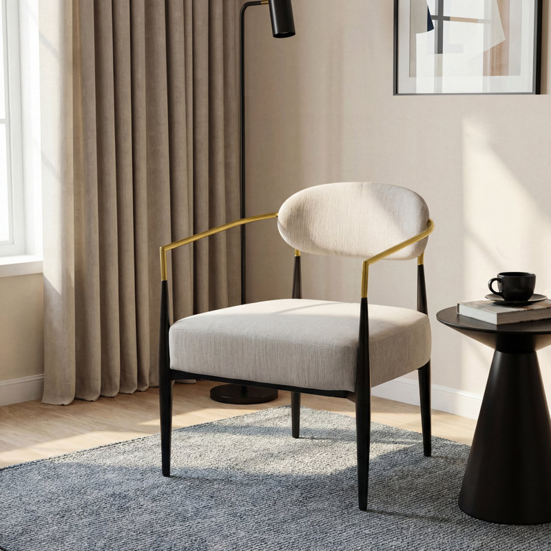 Terrell Fabric Upholstered Accent Armchair, Beige Polyester, Black/Gold