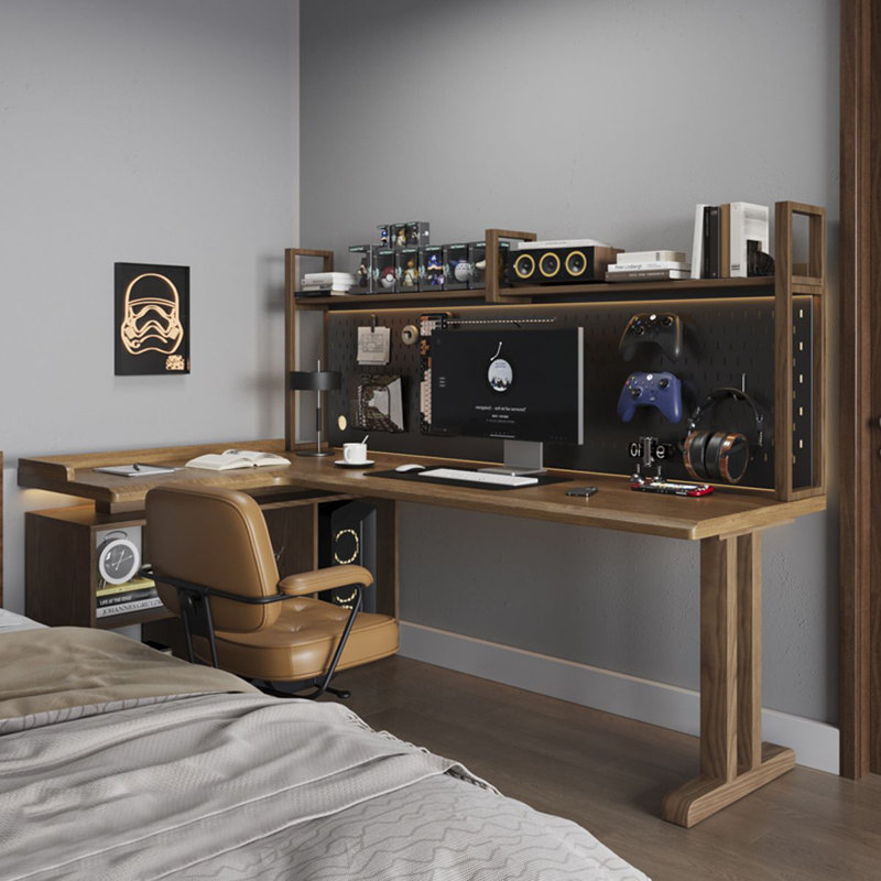 Noyer clair + bureau en bois massif en forme de L noir + fer, H 61,02 po x l 62,99 po x P 41,34 po, Retour à gauche