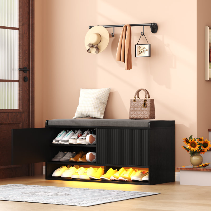 39.4In Shoe Bench With Storage And Led Light, Black