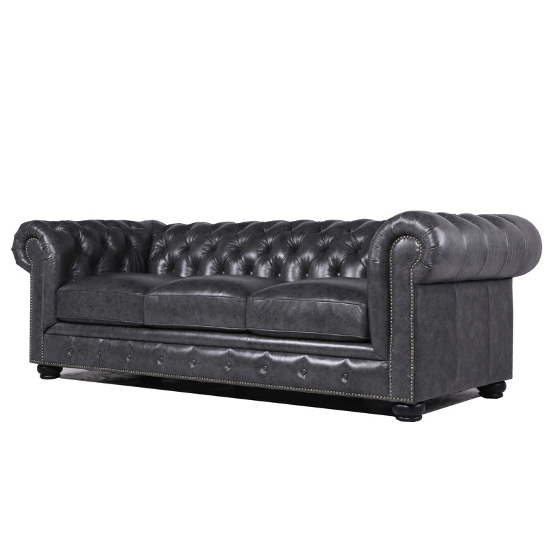 3 cuir gris avec garniture cloutée charmante - structure stable et pieds en bois massif