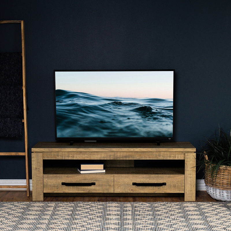 Meuble télé Mango Finish, deux tiroirs, style transitionnel, rangement spacieux, poignées en métal noir audacieux, dossier ouvert pour cordons, conception en bois d'ingénierie, compartiment de rangement, tablette, gestion des câbles