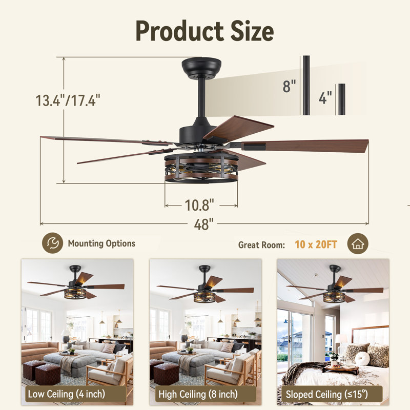 Cissline 48" 5-blade Farmhouse Ceiling Fan With Light And Remote Control For Medium Room