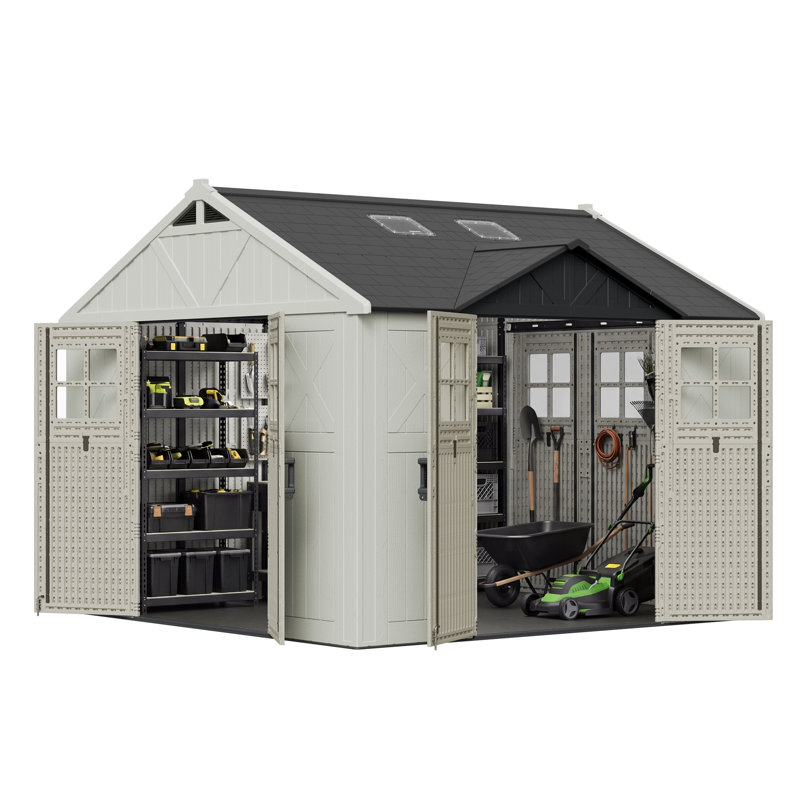 10 pi. L 10 pi. D Remise de rangement en plastique avec plancher et 3 portes verrouillables