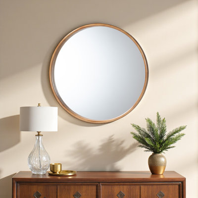 Johnnie Brown Finish Japandi Natural Round Accent Wall Mirror, 27.44" H X 27.44" W X 2.24" D