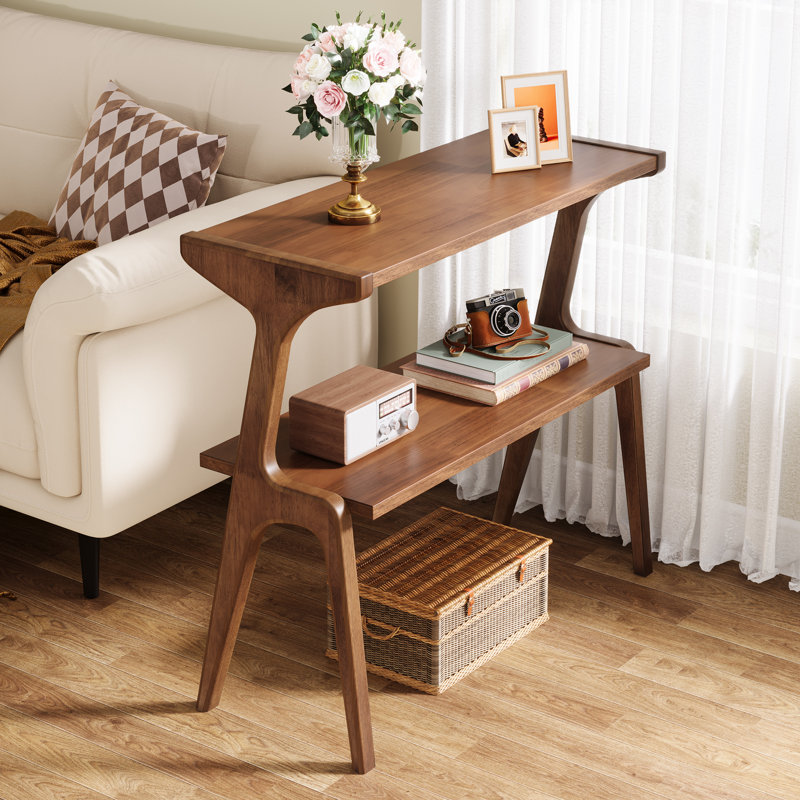2-Tier Slim Sofa End Table, Rustic Brown