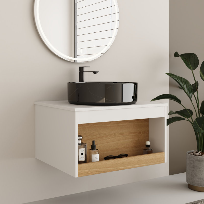 Ensemble de meuble-lavabo simple mural 24 "avec lavabo rond en céramique, Black with white patterns
