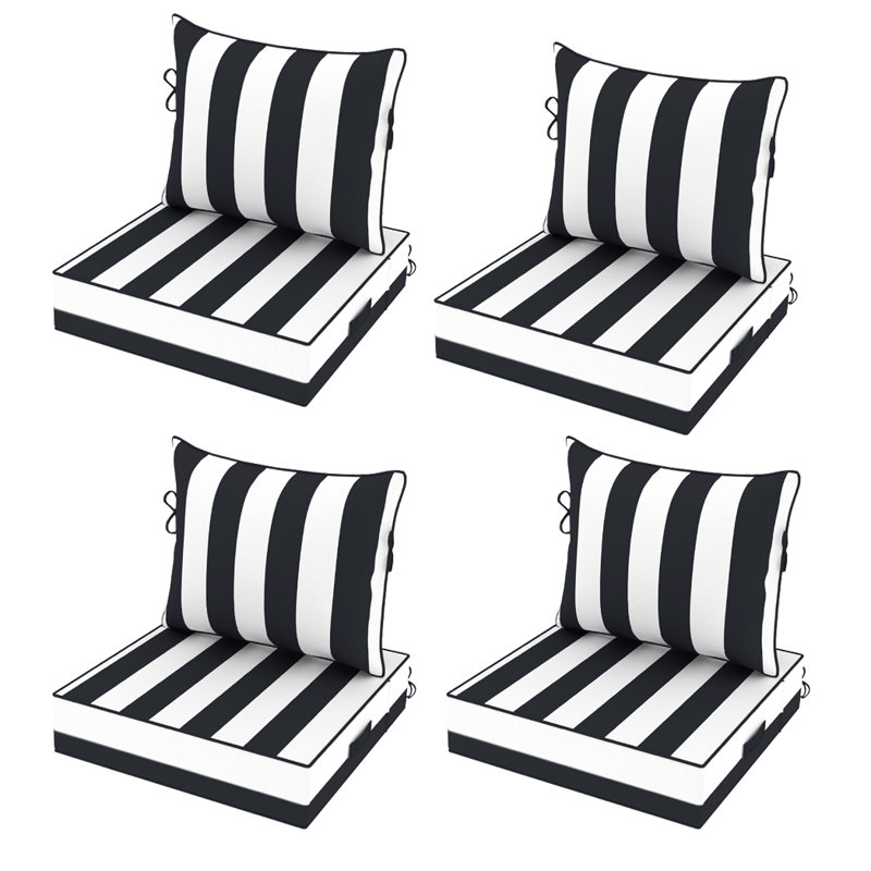 Fade Resistant Outdoor Chair Cushions Set Of 4, 24X28 Deep Seat Patio Cushions, 28D High Resilience Foam Replacement Patio Chair Cushions Set Of 4 With Removable Cover For Sofa, Adirondack Chair, Sectional,Black Cabana Stripe