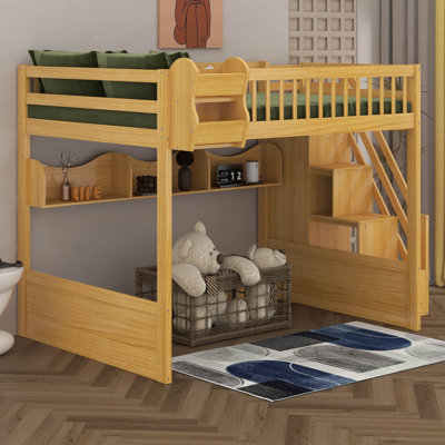 Queen Size Wooden Loft Bed With Staircase And Wardrobe, Bunk Bed With Under-Bed Space And Storage Open Shelves