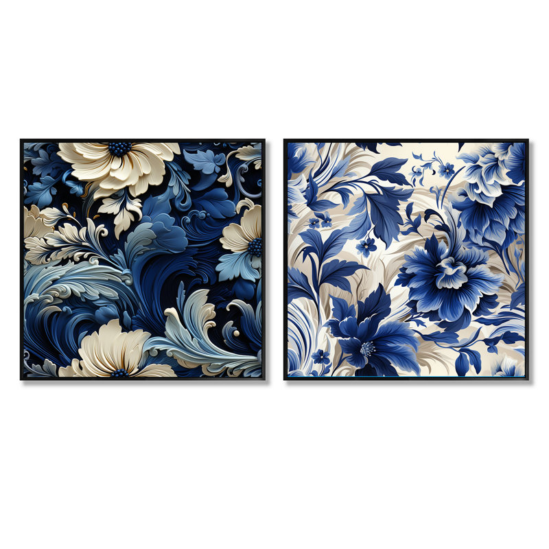 Leominster - Ensemble de 2 collages carrés floraux, Cadre flottant noir, H 16 po x l 33 po