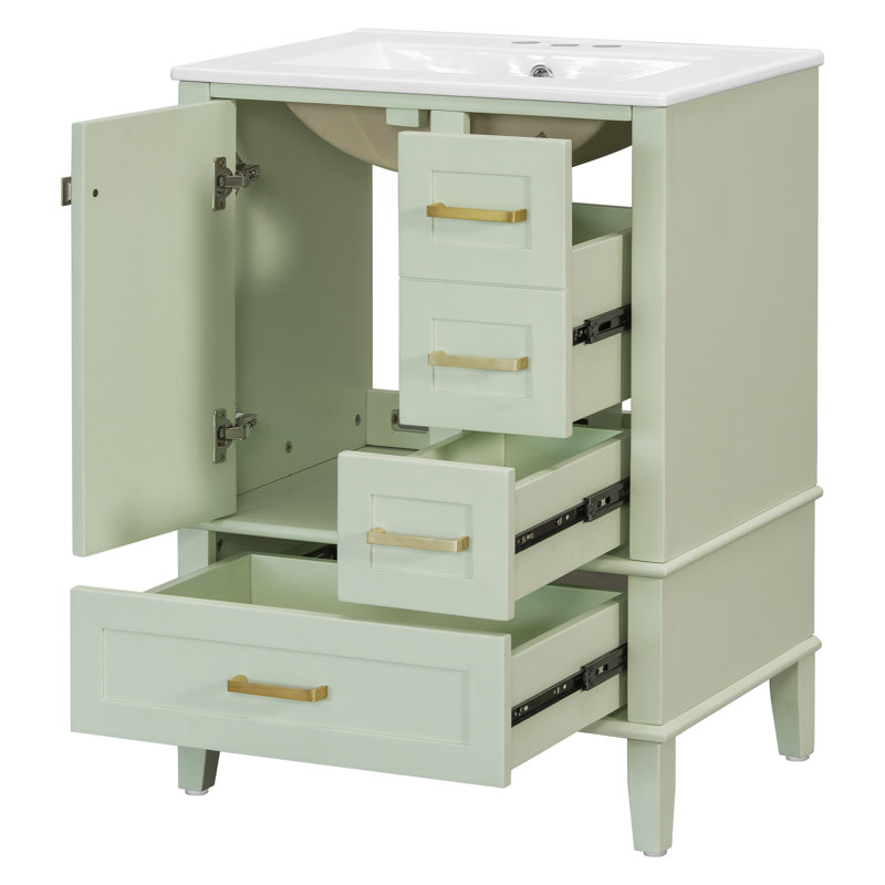 Meuble-lavabo de rangement simple avec comptoir en céramique, Vert clair, 24"