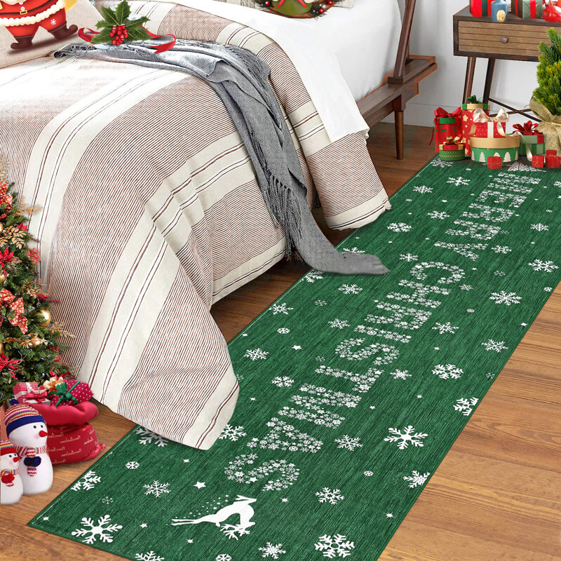 Christmas Runner Rug 2'x8' Snowflake Washable Rug Runners for Hallways Non Slip Soft Green Kitchen Runner Rugs for Bedroom Laundry Room