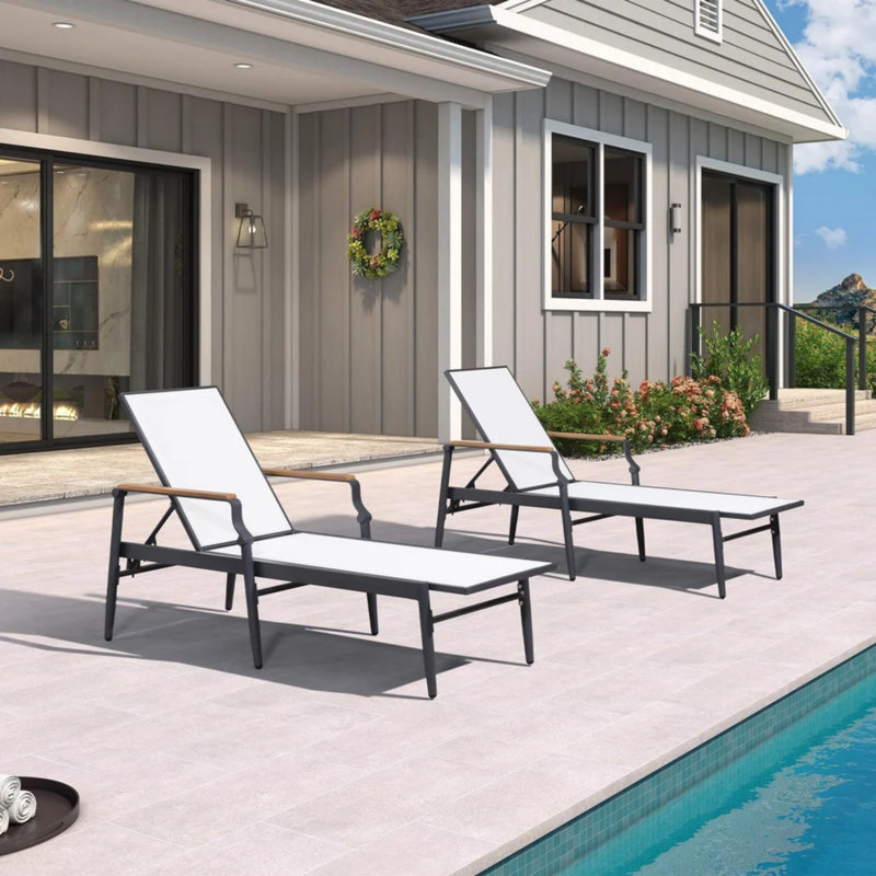 Purple Leaf Outdoor PVC-coated polyester Fabric Chaise Lounge Chair Set Of 2  Aluminum Chairs With Wooden Armrest
