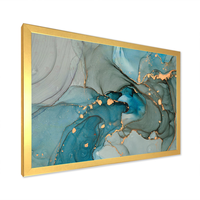 Turquoise doré infusé de marbre - reproduction sur toile, H 24 po x l 32 po, Impression encadrée, Doré
