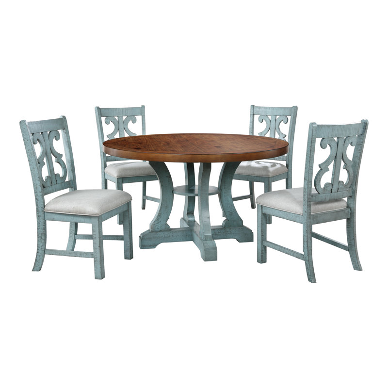 Joanie Dining Set, Brown/Teal/Teal, 5 Pieces: Table, 4 Chairs