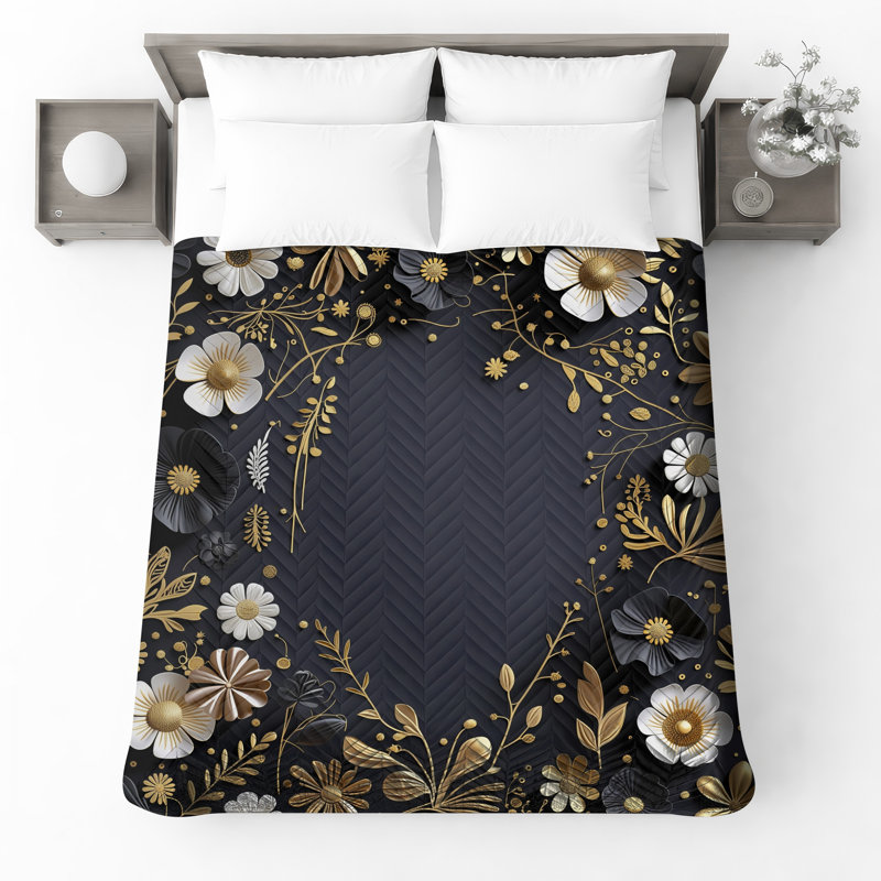 Couvre-lit matelassé à motif floral doré noir toutes tailles, Lit simple