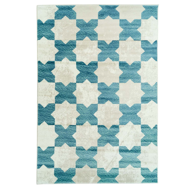 Tapis bleu à motif géométrique, Rectangle 3 pi 9 po x 5 pi 5 po