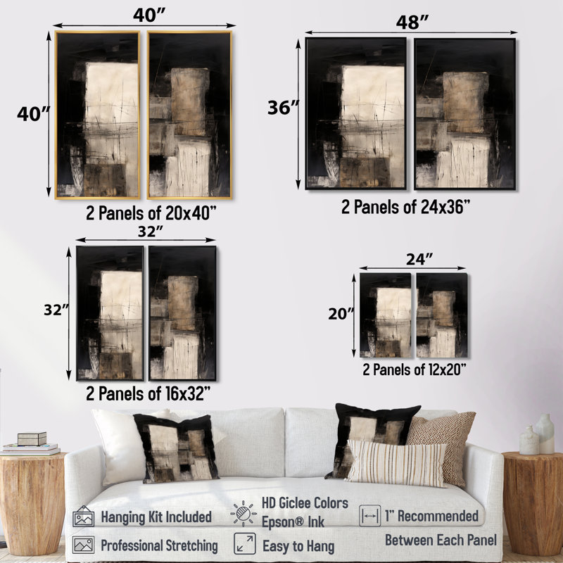 Ensemble de 2 décorations murales noires Mid Century Fusion IV, 32'' H x 32'' W, Impression encadrée flottante, Cream